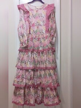 Simply Southern Pink Floral Tiered Ruffle  Cotton Long Sleeve Dress